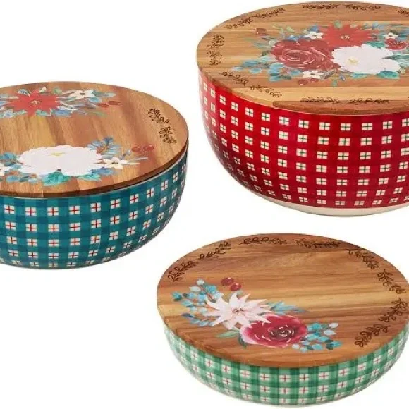 The Pioneer Woman Wishful Winter Plaid Ceramic Bowl Set with wooden lids - Picture 2 of 11